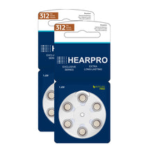 Load image into Gallery viewer, HEARPRO Size 312 Extra Long-Lasting Hearing Aid Batteries 60 Pack - Brown Easy Remove Tab - Mercury-Free - 1.45V Zinc Air Technology - Made in USA - Plus Keychain Battery Case