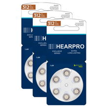 Load image into Gallery viewer, HEARPRO Size 312 Extra Long-Lasting Hearing Aid Batteries 60 Pack - Brown Easy Remove Tab - Mercury-Free - 1.45V Zinc Air Technology - Made in USA - Plus Keychain Battery Case