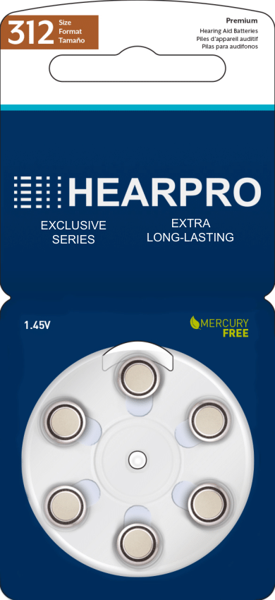 HEARPRO Size 312 Extra Long-Lasting Hearing Aid Batteries 60 Pack - Brown Easy Remove Tab - Mercury-Free - 1.45V Zinc Air Technology - Made in USA - Plus Keychain Battery Case