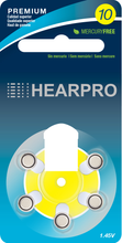 Load image into Gallery viewer, HEARPRO Size 10 Long-Lasting Hearing Aid Batteries 60 Pack - Mercury-Free - Zinc Air Technology - Made in USA - Plus Keychain Battery Case